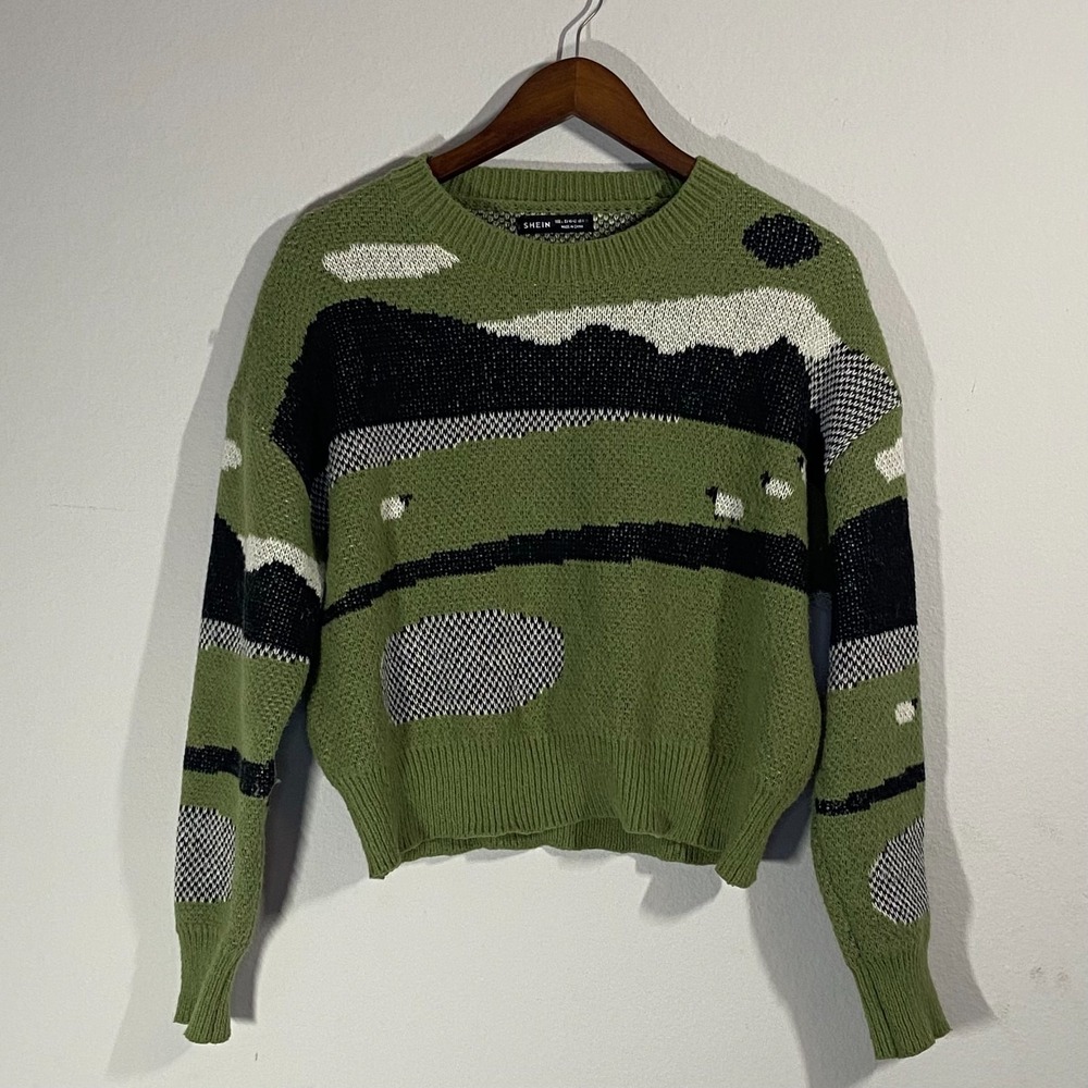 Shein Women's Abstract Graphic Print Sweater Sz L Military Green Casual‎ Cute